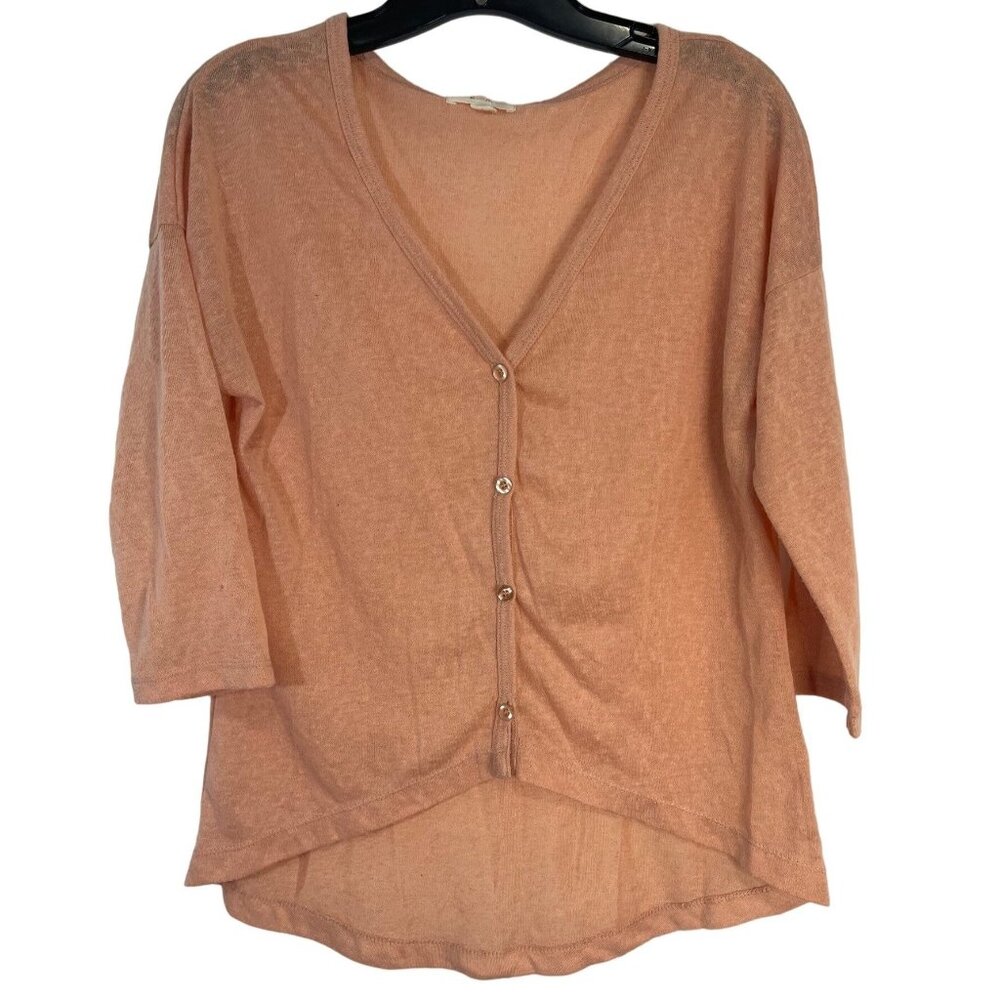 e & m 3/4 sleeve shirt sheer v-neck button up high low peach medium READ